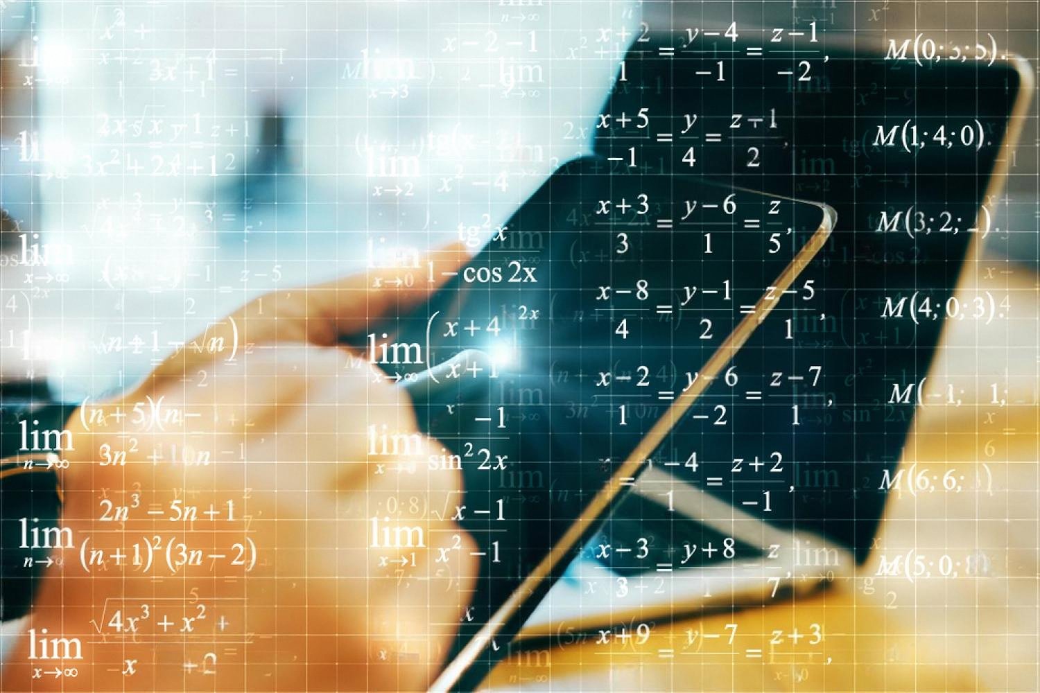 Hands holding a tablet overlaid with mathematical equations solved with the help of AI